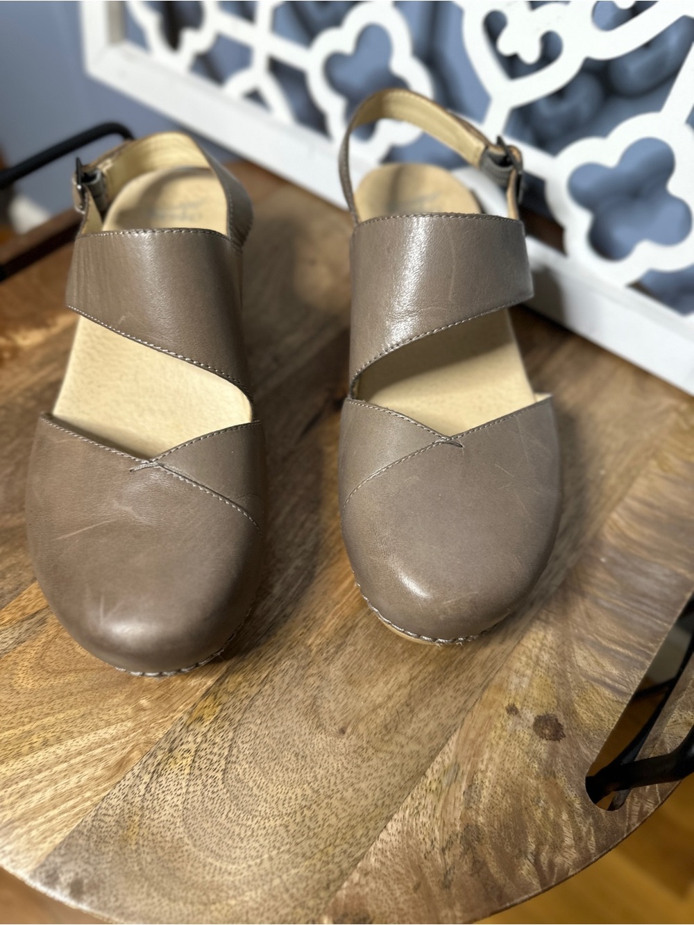 Dansko Lucia Taupe Leather Crossband Clogs